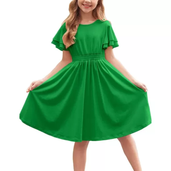 Arshiner Girl's Casual Dress Summer Scoop Neck Short Sleeve Flowy Print and Plain Sundress for Kids 4-14Y