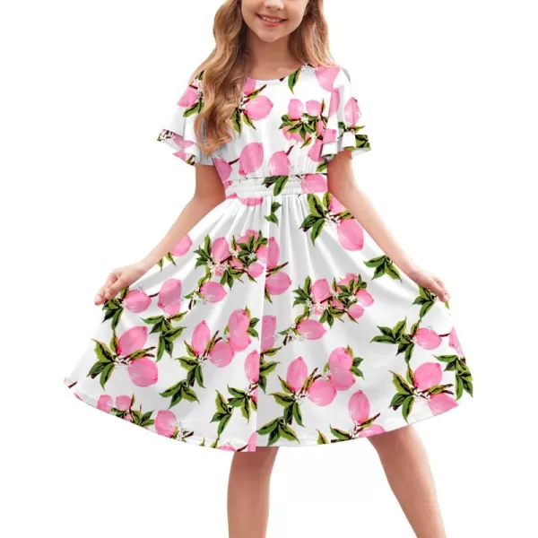 Arshiner Girl's Casual Dress Summer Scoop Neck Short Sleeve Flowy Print and Plain Sundress for Kids 4-14Y