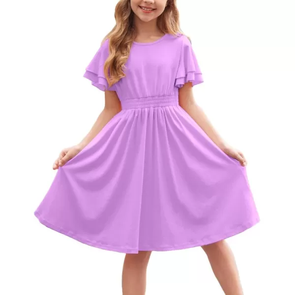 Arshiner Girl's Casual Dress Summer Scoop Neck Short Sleeve Flowy Print and Plain Sundress for Kids 4-14Y