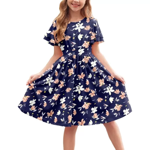 Arshiner Girl's Casual Dress Summer Scoop Neck Short Sleeve Flowy Print and Plain Sundress for Kids 4-14Y