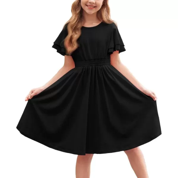 Arshiner Girl's Casual Dress Summer Scoop Neck Short Sleeve Flowy Print and Plain Sundress for Kids 4-14Y