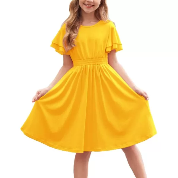Arshiner Girl's Casual Dress Summer Scoop Neck Short Sleeve Flowy Print and Plain Sundress for Kids 4-14Y