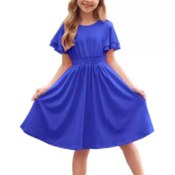 Arshiner Girl's Casual Dress Summer Scoop Neck Short Sleeve Flowy Print and Plain Sundress for Kids 4-14Y