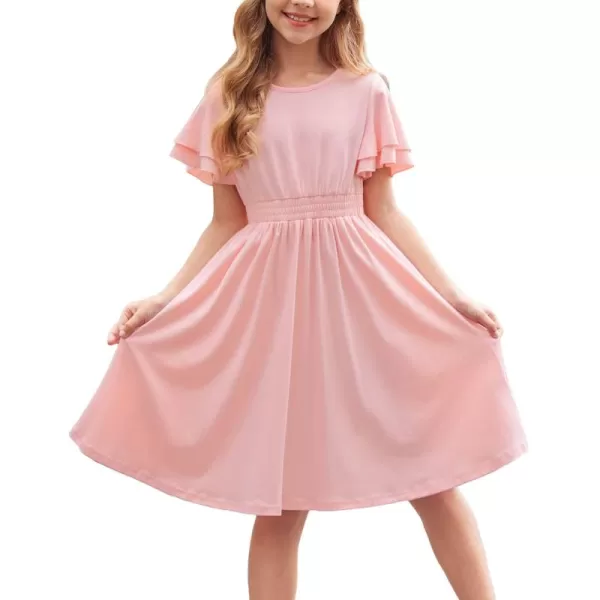 Arshiner Girl's Casual Dress Summer Scoop Neck Short Sleeve Flowy Print and Plain Sundress for Kids 4-14Y