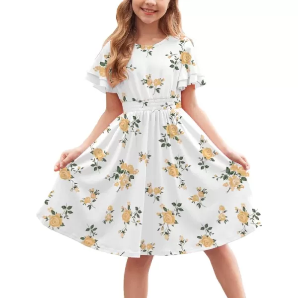 Arshiner Girl's Casual Dress Summer Scoop Neck Short Sleeve Flowy Print and Plain Sundress for Kids 4-14Y