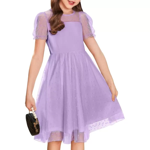 Arshiner Girls Dress Contrast Mesh Puffy Short Sleeve A Line Casual Party Dress 3-12 Years