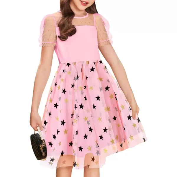 Arshiner Girls Dress Contrast Mesh Puffy Short Sleeve A Line Casual Party Dress 3-12 Years