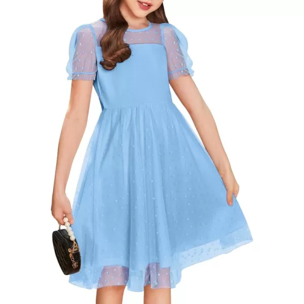 Arshiner Girls Dress Contrast Mesh Puffy Short Sleeve A Line Casual Party Dress 3-12 Years