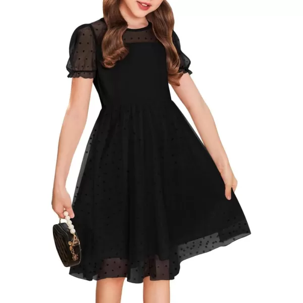 Arshiner Girls Dress Contrast Mesh Puffy Short Sleeve A Line Casual Party Dress 3-12 Years