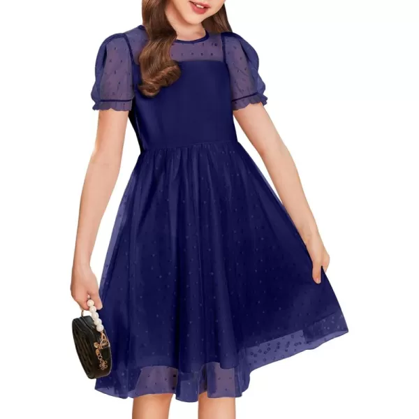 Arshiner Girls Dress Contrast Mesh Puffy Short Sleeve A Line Casual Party Dress 3-12 Years