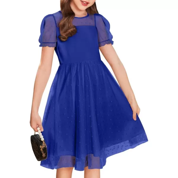 Arshiner Girls Dress Contrast Mesh Puffy Short Sleeve A Line Casual Party Dress 3-12 Years
