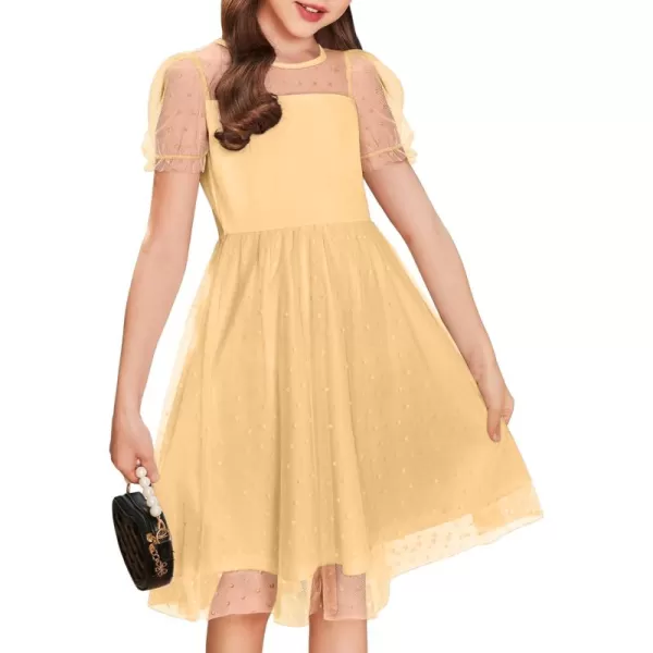 Arshiner Girls Dress Contrast Mesh Puffy Short Sleeve A Line Casual Party Dress 3-12 Years