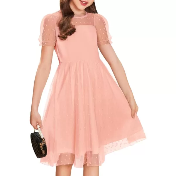 Arshiner Girls Dress Contrast Mesh Puffy Short Sleeve A Line Casual Party Dress 3-12 Years