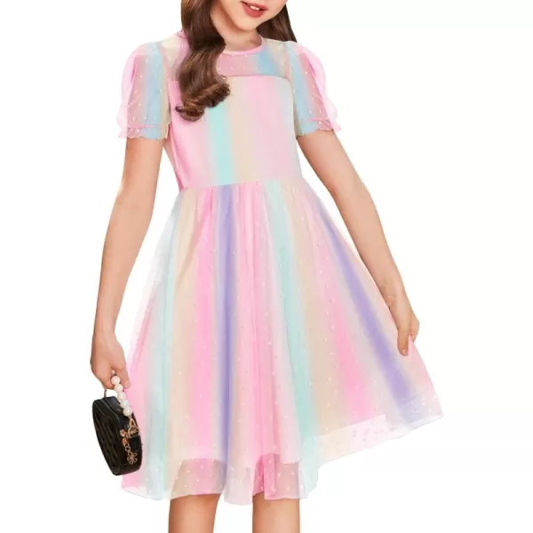 Arshiner Girls Dress Contrast Mesh Puffy Short Sleeve A Line Casual Party Dress 3-12 Years