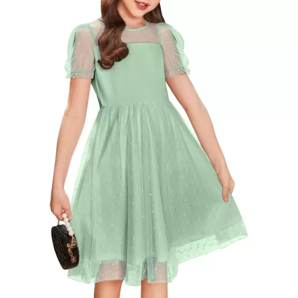Arshiner Girls Dress Contrast Mesh Puffy Short Sleeve A Line Casual Party Dress 3-12 Years