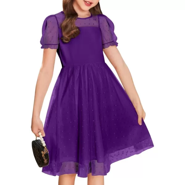 Arshiner Girls Dress Contrast Mesh Puffy Short Sleeve A Line Casual Party Dress 3-12 Years