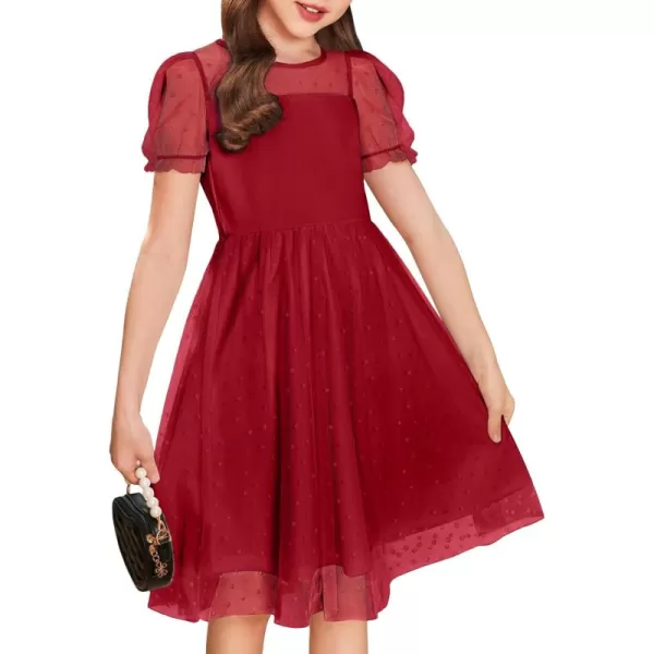 Arshiner Girls Dress Contrast Mesh Puffy Short Sleeve A Line Casual Party Dress 3-12 Years