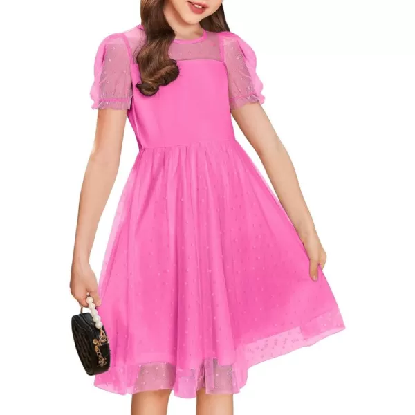 Arshiner Girls Dress Contrast Mesh Puffy Short Sleeve A Line Casual Party Dress 3-12 Years
