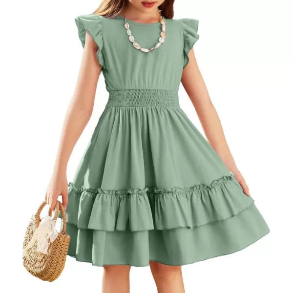 Arshiner Girls Dresses Flutter Sleeve A-Line Sundress Casual Summer Tiered Swing Midi Pocket Dress