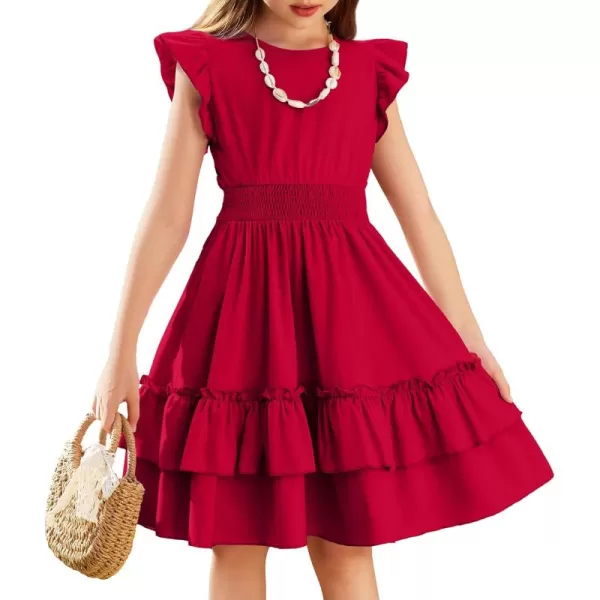 Arshiner Girls Dresses Flutter Sleeve A-Line Sundress Casual Summer Tiered Swing Midi Pocket Dress