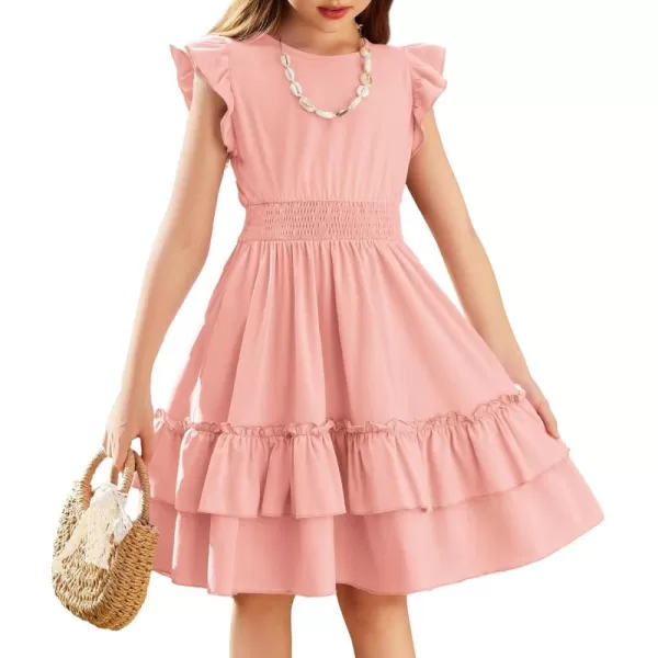 Arshiner Girls Dresses Flutter Sleeve A-Line Sundress Casual Summer Tiered Swing Midi Pocket Dress