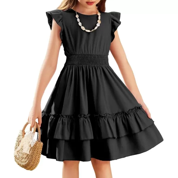 Arshiner Girls Dresses Flutter Sleeve A-Line Sundress Casual Summer Tiered Swing Midi Pocket Dress