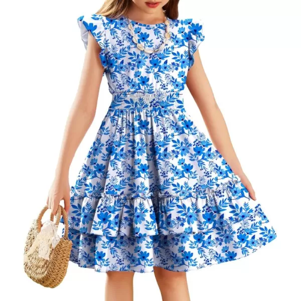 Arshiner Girls Dresses Flutter Sleeve A-Line Sundress Casual Summer Tiered Swing Midi Pocket Dress