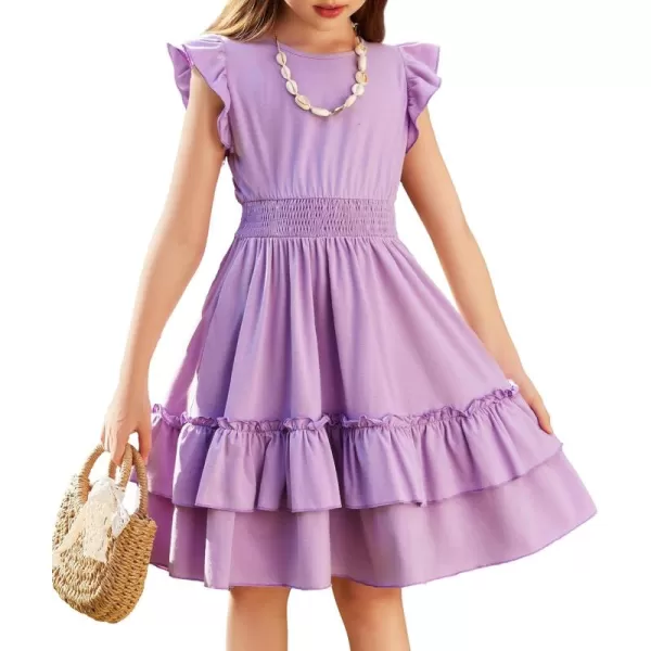 Arshiner Girls Dresses Flutter Sleeve A-Line Sundress Casual Summer Tiered Swing Midi Pocket Dress