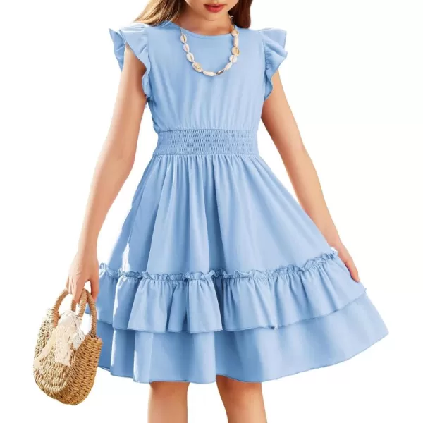Arshiner Girls Dresses Flutter Sleeve A-Line Sundress Casual Summer Tiered Swing Midi Pocket Dress