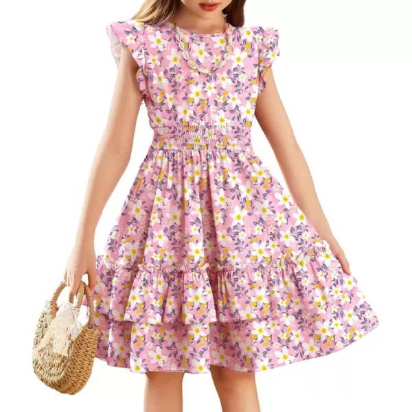 Arshiner Girls Dresses Flutter Sleeve A-Line Sundress Casual Summer Tiered Swing Midi Pocket Dress