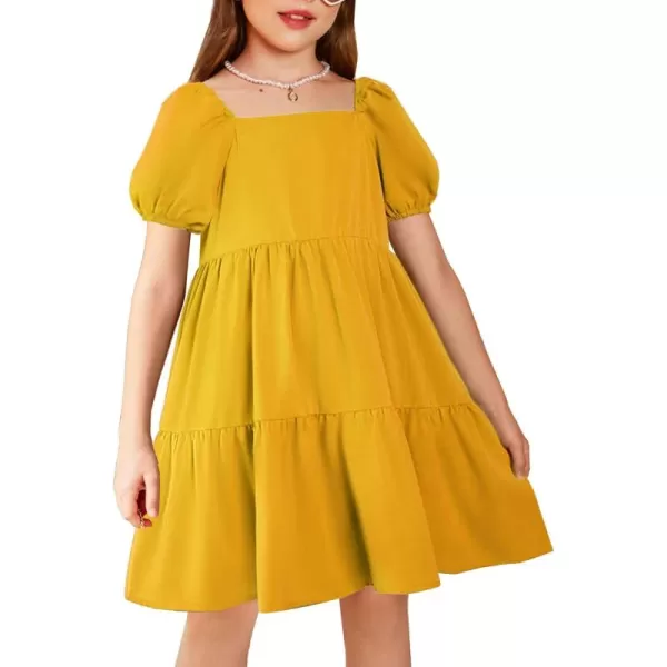 Arshiner Girls Dresses Short Sleeve Ruffle Chiffon Swing Smock Dress with Square Neck