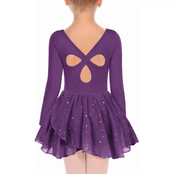 Arshiner Girls Long Sleeve Ballet Leotards with Skirt Kids Hollow Back Shiny Dance Dresses
