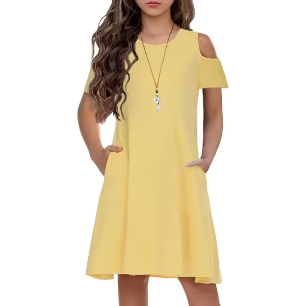 Arshiner Girls Summer Dress Short Sleeve Cold Shoulder Solid Color Swing Casual Dresses with Pockets