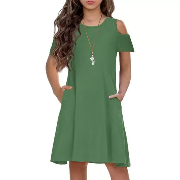 Arshiner Girls Summer Dress Short Sleeve Cold Shoulder Solid Color Swing Casual Dresses with Pockets