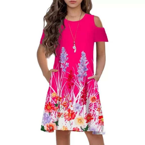 Arshiner Girls Summer Dress Short Sleeve Cold Shoulder Solid Color Swing Casual Dresses with Pockets