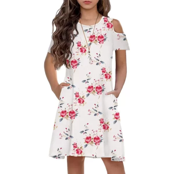 Arshiner Girls Summer Dress Short Sleeve Cold Shoulder Solid Color Swing Casual Dresses with Pockets
