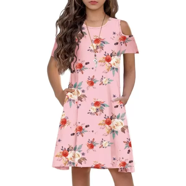 Arshiner Girls Summer Dress Short Sleeve Cold Shoulder Solid Color Swing Casual Dresses with Pockets