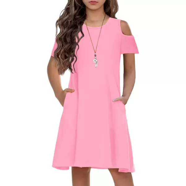 Arshiner Girls Summer Dress Short Sleeve Cold Shoulder Solid Color Swing Casual Dresses with Pockets