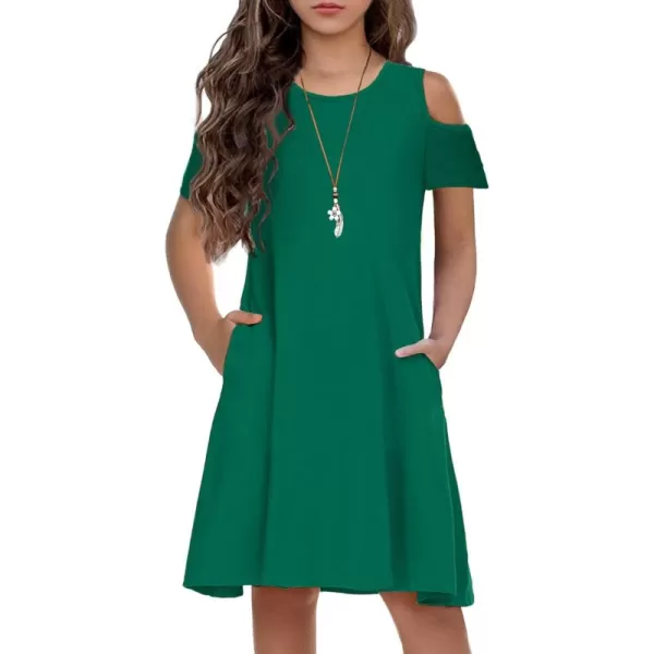 Arshiner Girls Summer Dress Short Sleeve Cold Shoulder Solid Color Swing Casual Dresses with Pockets