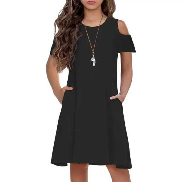 Arshiner Girls Summer Dress Short Sleeve Cold Shoulder Solid Color Swing Casual Dresses with Pockets