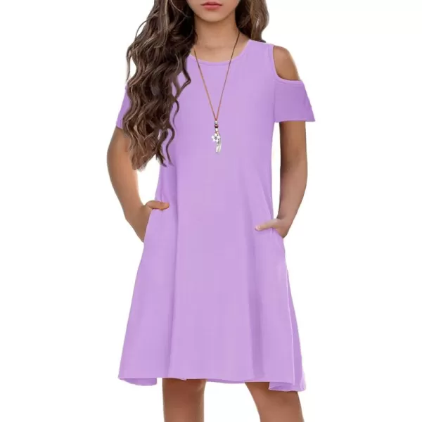 Arshiner Girls Summer Dress Short Sleeve Cold Shoulder Solid Color Swing Casual Dresses with Pockets
