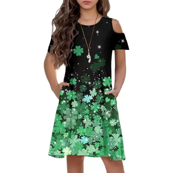Arshiner Girls Summer Dress Short Sleeve Cold Shoulder Solid Color Swing Casual Dresses with Pockets