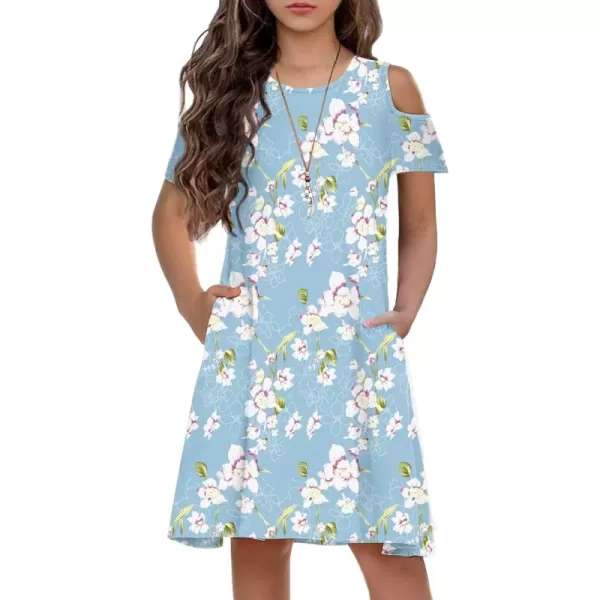 Arshiner Girls Summer Dress Short Sleeve Cold Shoulder Solid Color Swing Casual Dresses with Pockets