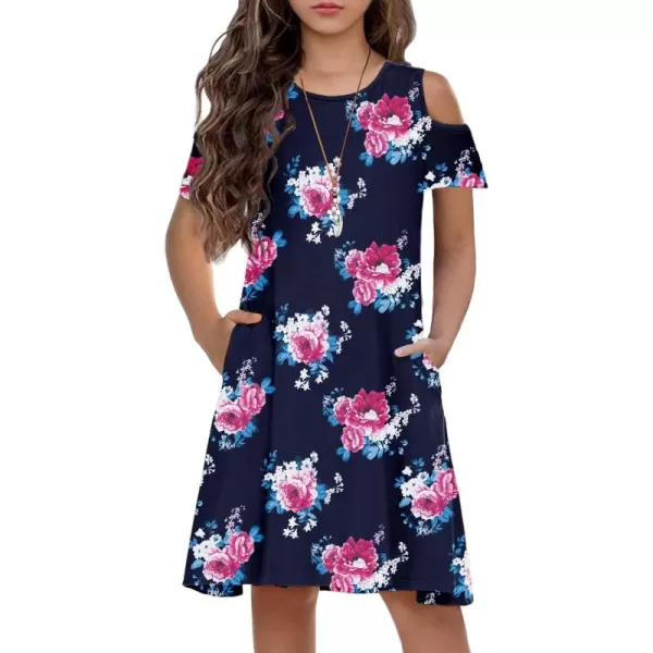 Arshiner Girls Summer Dress Short Sleeve Cold Shoulder Solid Color Swing Casual Dresses with Pockets