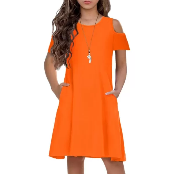 Arshiner Girls Summer Dress Short Sleeve Cold Shoulder Solid Color Swing Casual Dresses with Pockets