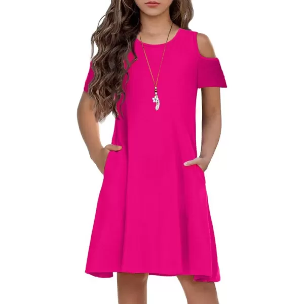 Arshiner Girls Summer Dress Short Sleeve Cold Shoulder Solid Color Swing Casual Dresses with Pockets