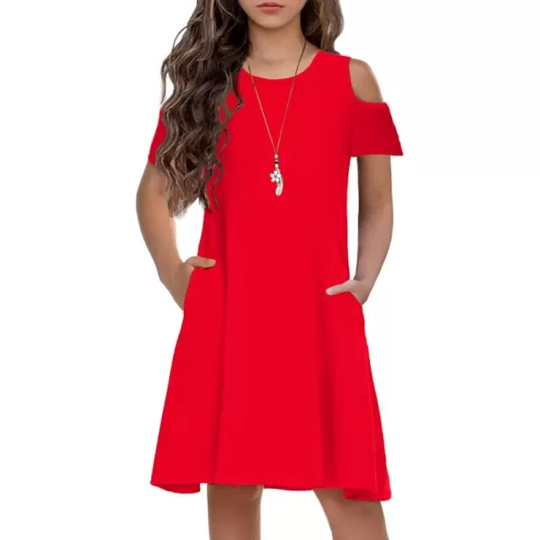 Arshiner Girls Summer Dress Short Sleeve Cold Shoulder Solid Color Swing Casual Dresses with Pockets