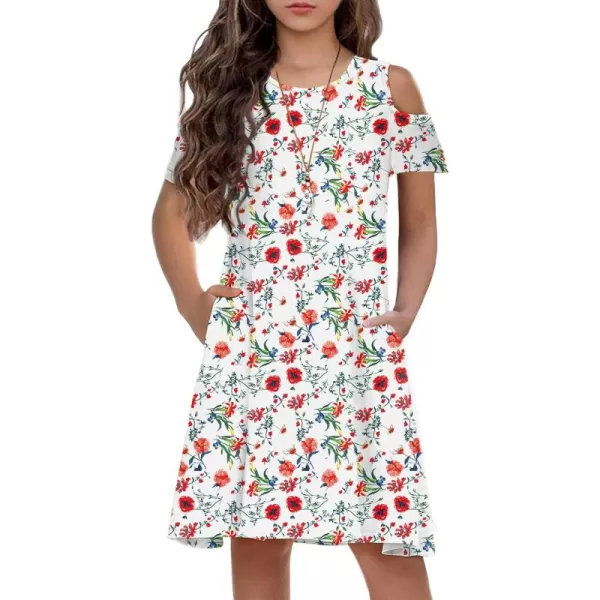 Arshiner Girls Summer Dress Short Sleeve Cold Shoulder Solid Color Swing Casual Dresses with Pockets