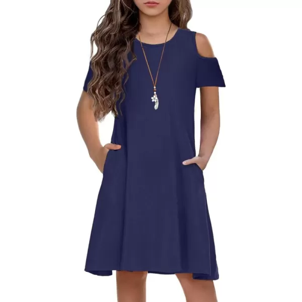 Arshiner Girls Summer Dress Short Sleeve Cold Shoulder Solid Color Swing Casual Dresses with Pockets