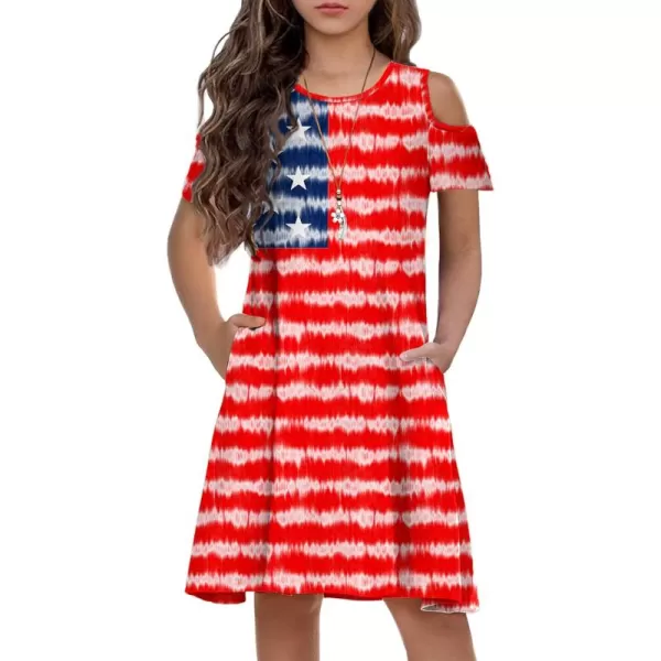 Arshiner Girls Summer Dress Short Sleeve Cold Shoulder Solid Color Swing Casual Dresses with Pockets